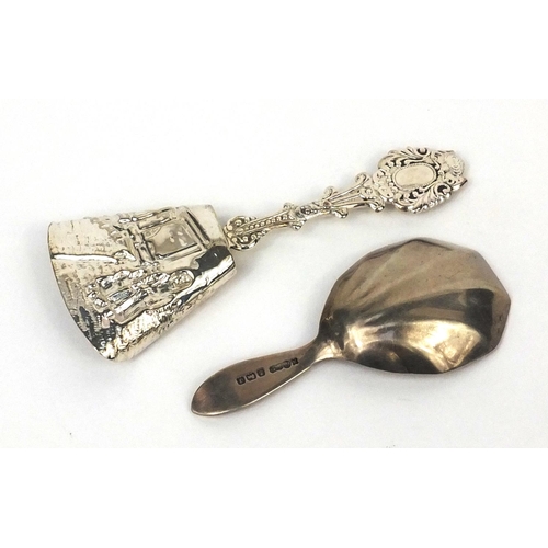 2480 - Silver caddy spoon with shell shaped bowl and a Dutch silver coloured metal caddy spoon, the largest... 