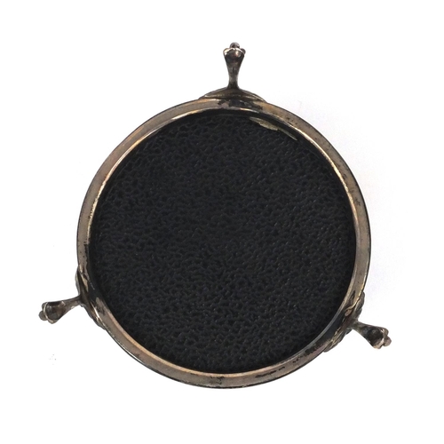 2432 - Mappin & Webb circular silver three footed jewel box, the hinged lid with engine turned decoration a... 