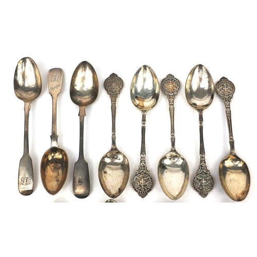 2462 - Collection of Victorian and later silver spoons including a set of five rifle club examples and two ... 