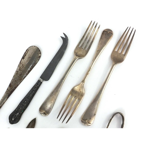 2475 - Silver cutlery including a Victorian table fork, pair of forks, sugar tongs, mustard spoons etc