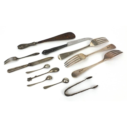 2475 - Silver cutlery including a Victorian table fork, pair of forks, sugar tongs, mustard spoons etc