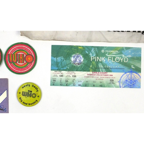 189 - Music memorabilia including The Who Iron-On transfers, cloth patches and badges, Pink Floyd VIP Worl... 