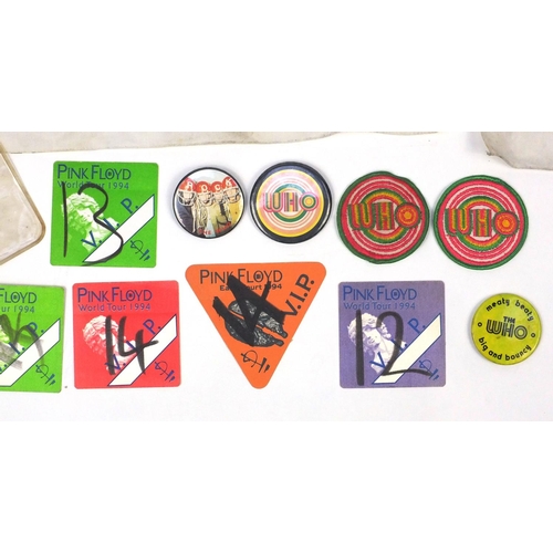 189 - Music memorabilia including The Who Iron-On transfers, cloth patches and badges, Pink Floyd VIP Worl... 