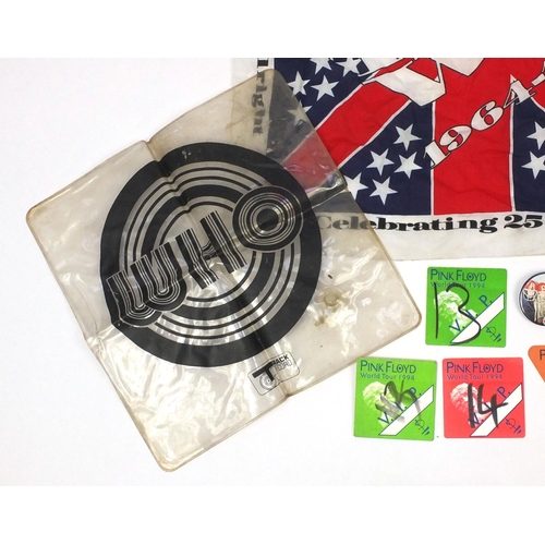 189 - Music memorabilia including The Who Iron-On transfers, cloth patches and badges, Pink Floyd VIP Worl... 