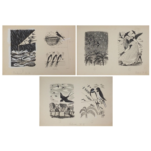 1157 - Leslie Wood - Three unframed gouache illustrations onto card, some heightened in white including bir... 
