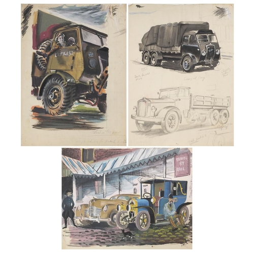 1154 - Leslie Wood - Three unframed pencil and gouache illustrations onto card, including travel by rail an... 