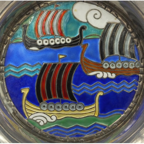 823 - Norwegian Thune silver and enamelled dish, enamelled with Viking boats, engraved 'Harry Oslo 9-7-193... 