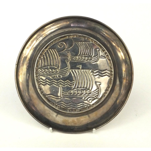 823 - Norwegian Thune silver and enamelled dish, enamelled with Viking boats, engraved 'Harry Oslo 9-7-193... 