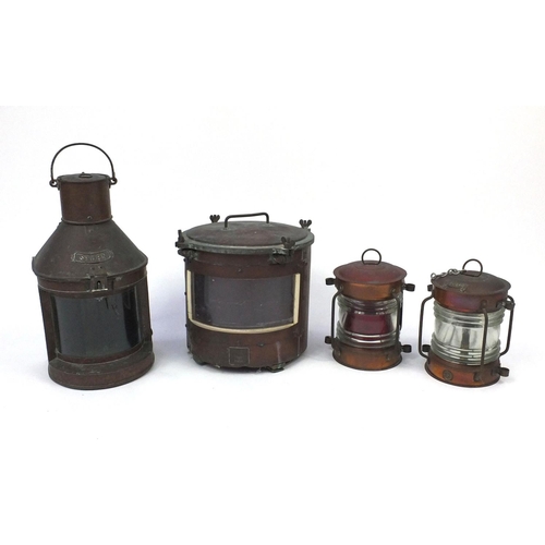 175 - Four copper and glass ship's lanterns including a pair of cylindrical seahorse examples, three with ... 