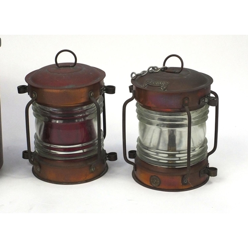 175 - Four copper and glass ship's lanterns including a pair of cylindrical seahorse examples, three with ... 