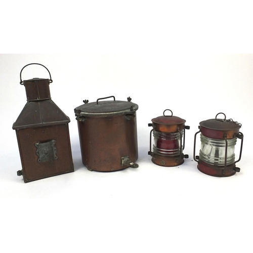 175 - Four copper and glass ship's lanterns including a pair of cylindrical seahorse examples, three with ... 