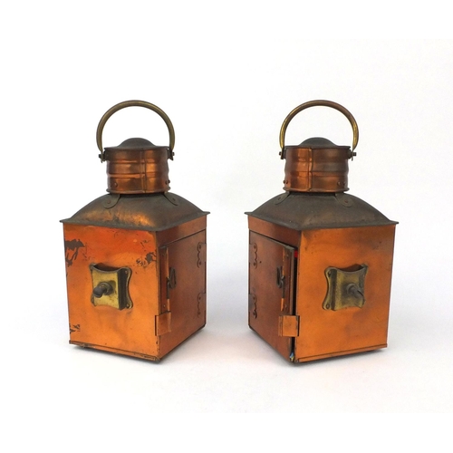 176 - Pair of seahorse copper and glass ship's lanterns comprising Starboard and Port, each 27cm high excl... 