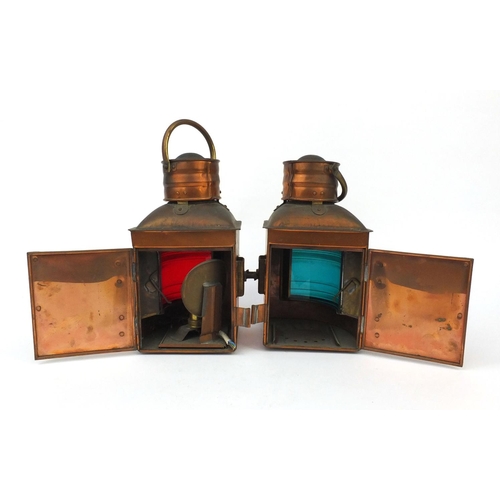 176 - Pair of seahorse copper and glass ship's lanterns comprising Starboard and Port, each 27cm high excl... 