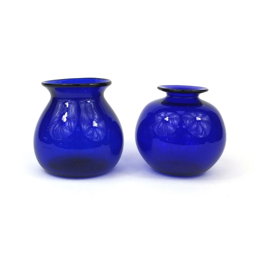 729 - Two Bristol Blue glass pots, one etched 'Bristol' to the base, the larger 15cm high