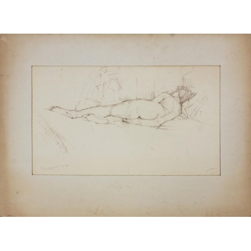 1245 - Unframed charcoal onto paper, reclining nude female, bearing a signature R. O'Connor 1938, mounted, ... 