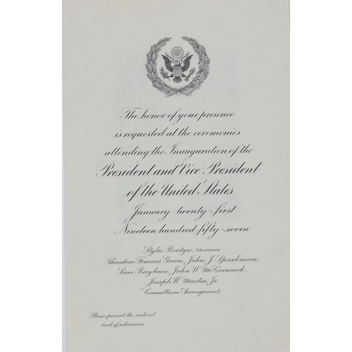 225 - American Presidential ephemera including a dinner menu from 2007 and an 1957 Inagural ball programme