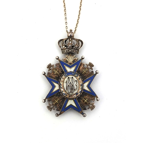 359 - Military interest Serbian Order of Saint Sava silver and enamelled badge, dated 1883, 6cm high, appr... 