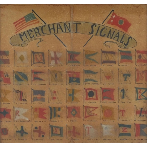 386 - Oak framed display of hand painted Merchant signals, mounted with two ships, 31cm x 30cm excluding t... 