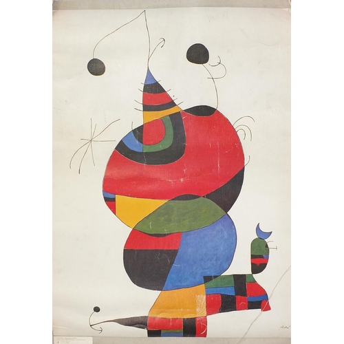 1253 - Joan Miro - Unframed coloured lithograph onto canvas, abstract composition, label to the margin, 68c... 