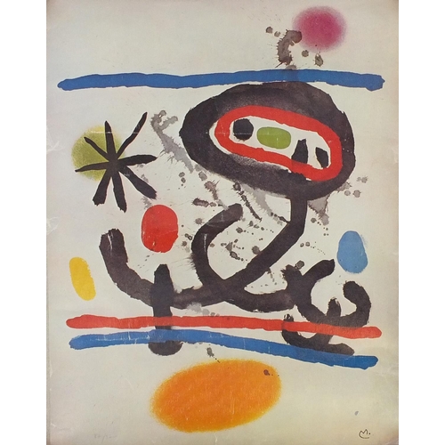 1252 - Joan Miro - Unframed coloured lithograph onto canvas, abstract composition, label to the margin, 68c... 