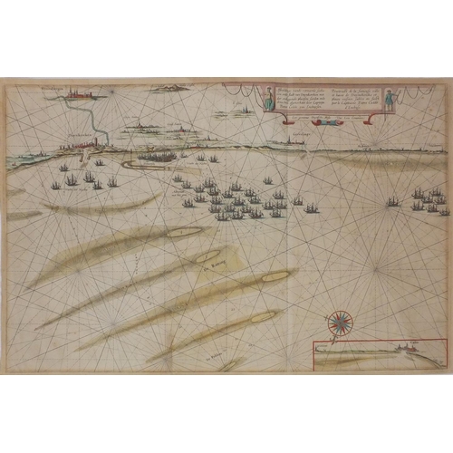 220A - Hand coloured map, portrait of the Harrow of Dunkirk and Fabe squares, done by the captain Stone cud... 