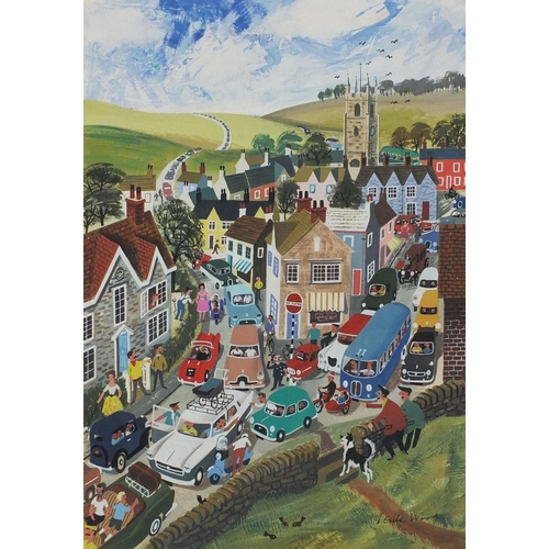 1151 - Leslie Wood -  Unframed gouache cover illustration onto card, Busy Town, mounted 38cm x 30cm excludi... 