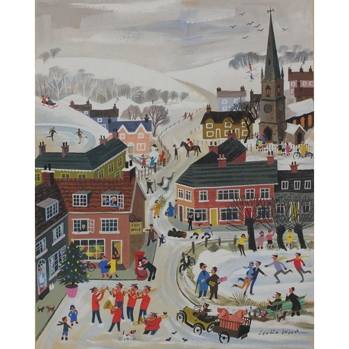 1150 - Leslie Wood -  Unframed gouache cover illustration onto card, Snowy Town, mounted 36cm x 27cm exclud... 