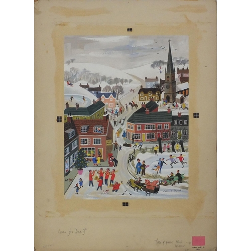 1150 - Leslie Wood -  Unframed gouache cover illustration onto card, Snowy Town, mounted 36cm x 27cm exclud... 