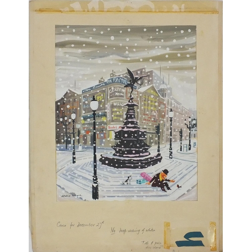 1148 - Leslie Wood -  Unframed gouache cover illustration onto card, Punch, Man in the Snow, inscribed cove... 