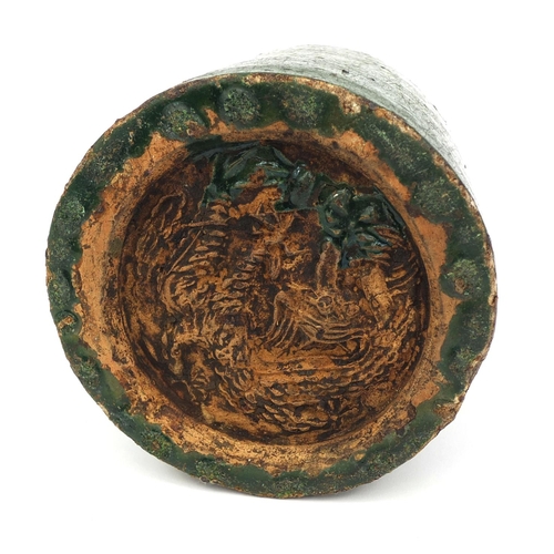 489 - Chinese green glazed Scholars brush pot, the base decorated with a five claw dragon, 15.5cm high