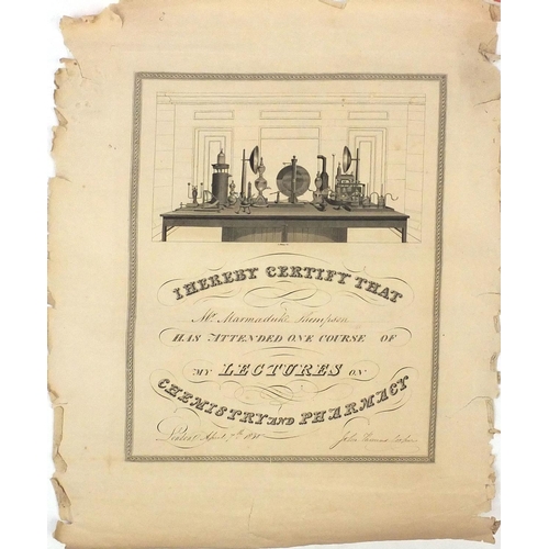 222 - Two 19th century pharmaceutical certificates, one certifying that 'Mr Marmaduke Thompson has attende... 