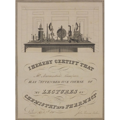 222 - Two 19th century pharmaceutical certificates, one certifying that 'Mr Marmaduke Thompson has attende... 