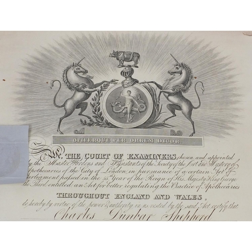 222 - Two 19th century pharmaceutical certificates, one certifying that 'Mr Marmaduke Thompson has attende... 