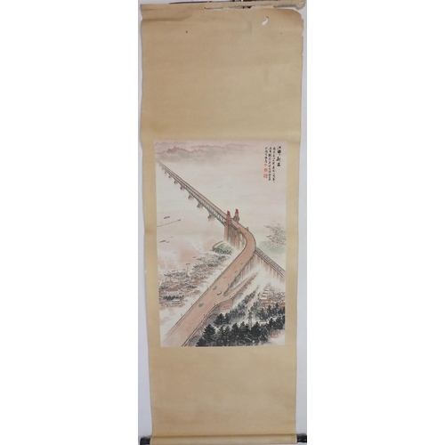 570 - Chinese ink and watercolour onto paper scroll, attributed to Zixi Wei and Wenzhi Song, city landscap... 