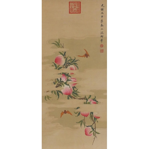 575 - Chinese ink and watercolour onto silk paper scroll, attributed to Cixi Queen, bats amongst auspiciou... 