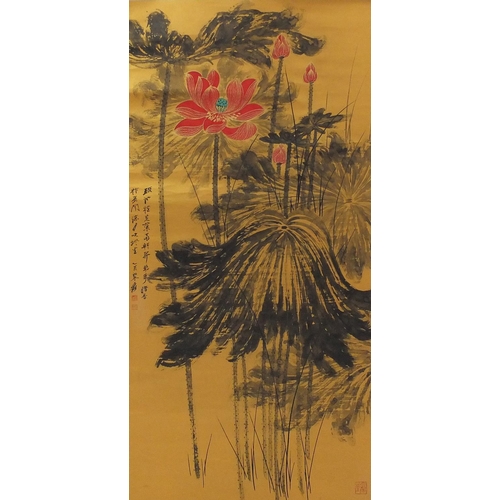 573 - Chinese ink and watercolour onto golden paper scroll, attributed to Daqian Zhang, lotus flowers, wit... 