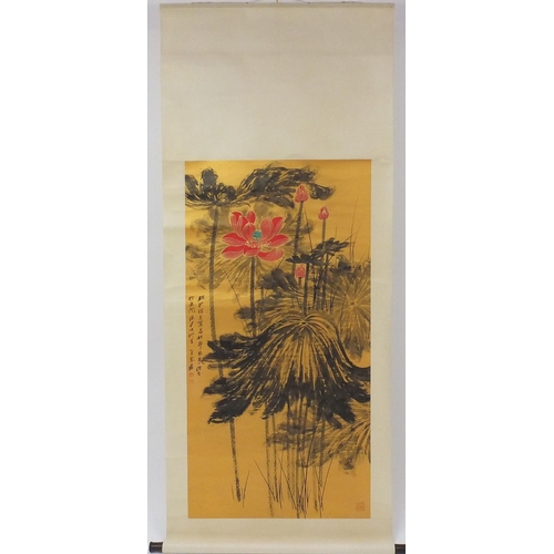 573 - Chinese ink and watercolour onto golden paper scroll, attributed to Daqian Zhang, lotus flowers, wit... 