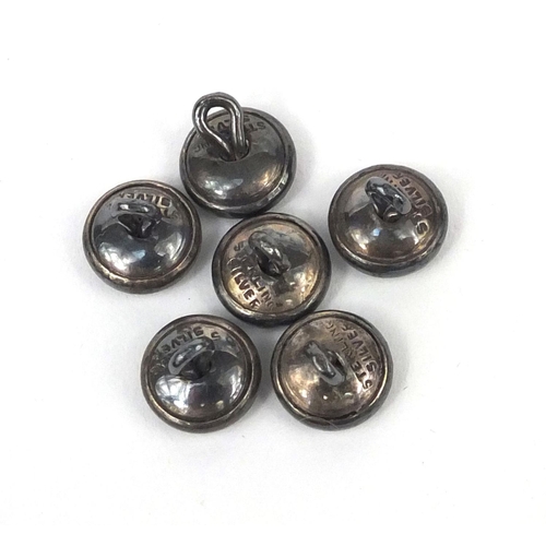 980 - Cased set of six silver buttons with blue and cream guilloche enamel decoration, each 9mm in diamete... 