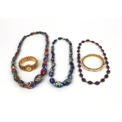 1022 - Assorted jewellery comprising two Venetian hand painted bead necklaces, an amethyst necklace, gilt m... 