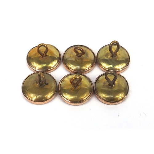 1025 - Cased set of six gilt metal abalone and green enamel buttons, 1.5cm in diameter