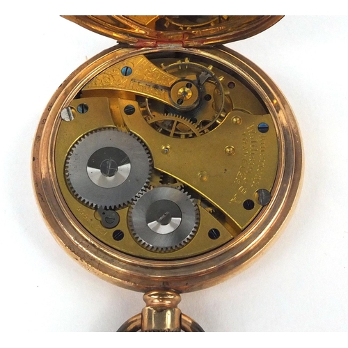 1087 - Gentleman's gold plated American Waltham traveller full hunter pocket watch, 5cm in diameter, with a... 