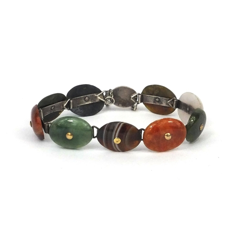 991 - Unmarked silver polished hard stone bracelet, including agate, 16cm long, approximate weight 18.6g