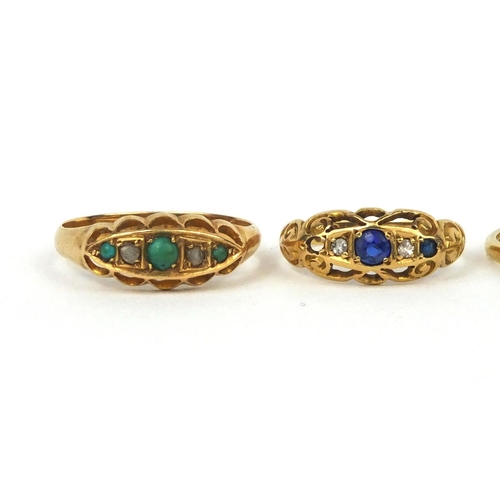 945 - Four 18ct gold rings set with turquoise, diamonds and sapphires, various sizes, approximate weight 8... 