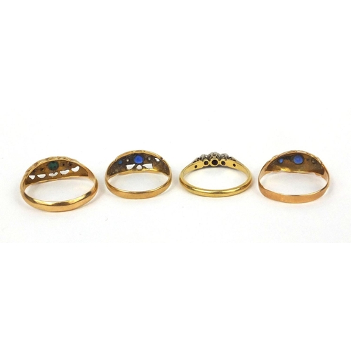 945 - Four 18ct gold rings set with turquoise, diamonds and sapphires, various sizes, approximate weight 8... 