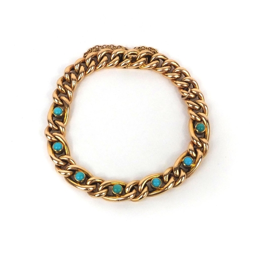 929 - 15ct gold bracelet set with seven cabochon turquoise stones, 16cm long, approximate weight 20.0g
