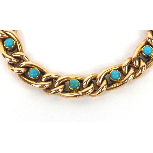 929 - 15ct gold bracelet set with seven cabochon turquoise stones, 16cm long, approximate weight 20.0g