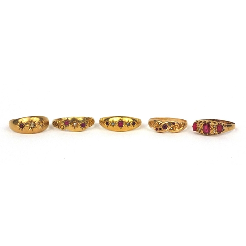 920 - Five 18ct gold diamond and ruby rings, various sizes, approximate weight 12.3g