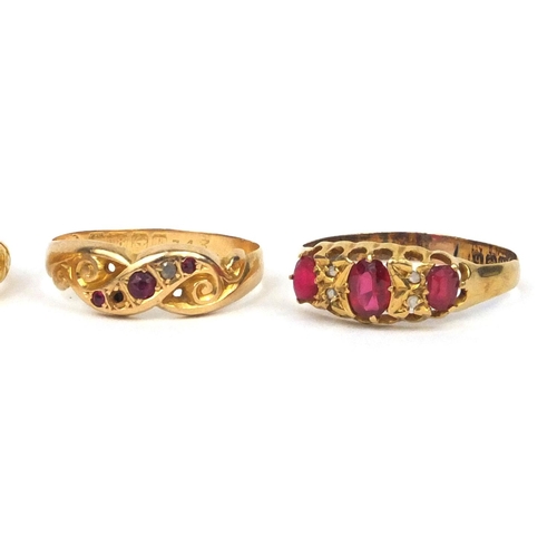 920 - Five 18ct gold diamond and ruby rings, various sizes, approximate weight 12.3g