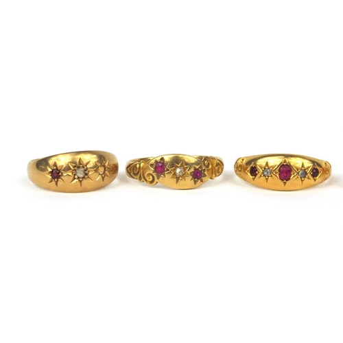 920 - Five 18ct gold diamond and ruby rings, various sizes, approximate weight 12.3g