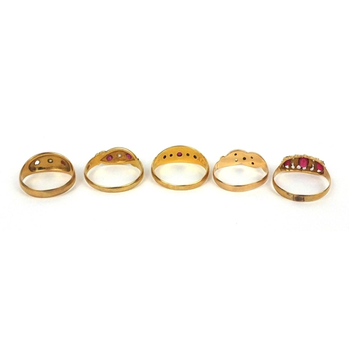 920 - Five 18ct gold diamond and ruby rings, various sizes, approximate weight 12.3g